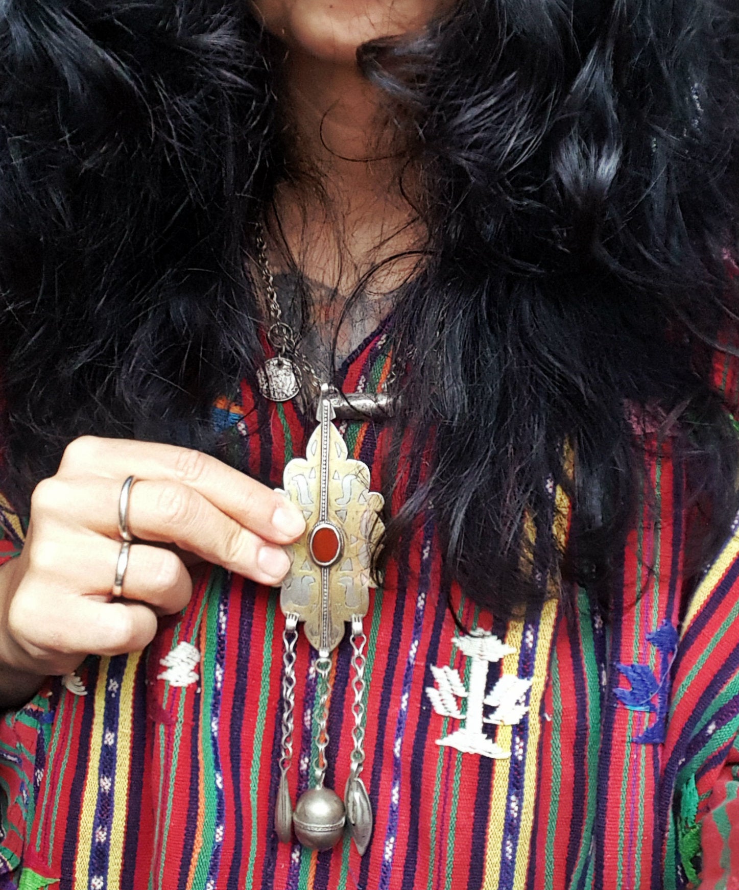 Antique Turkmen Pendant with Carnelian and Bells