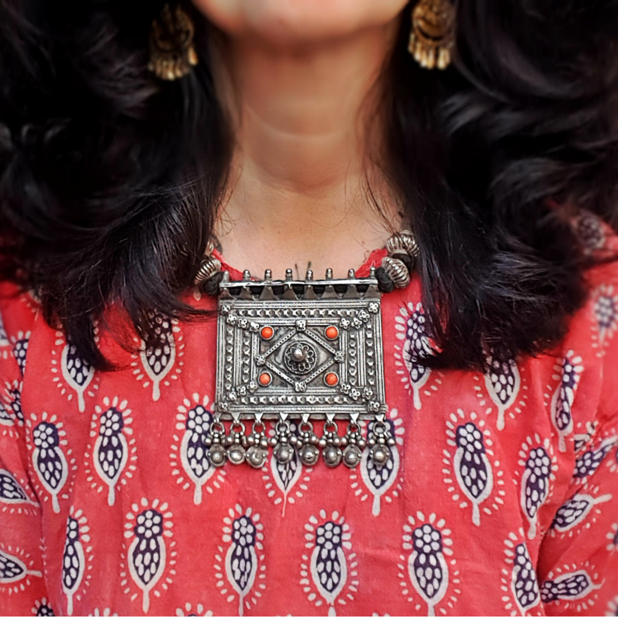 Huge Indian Coral Silver Necklace on Cotton Cord