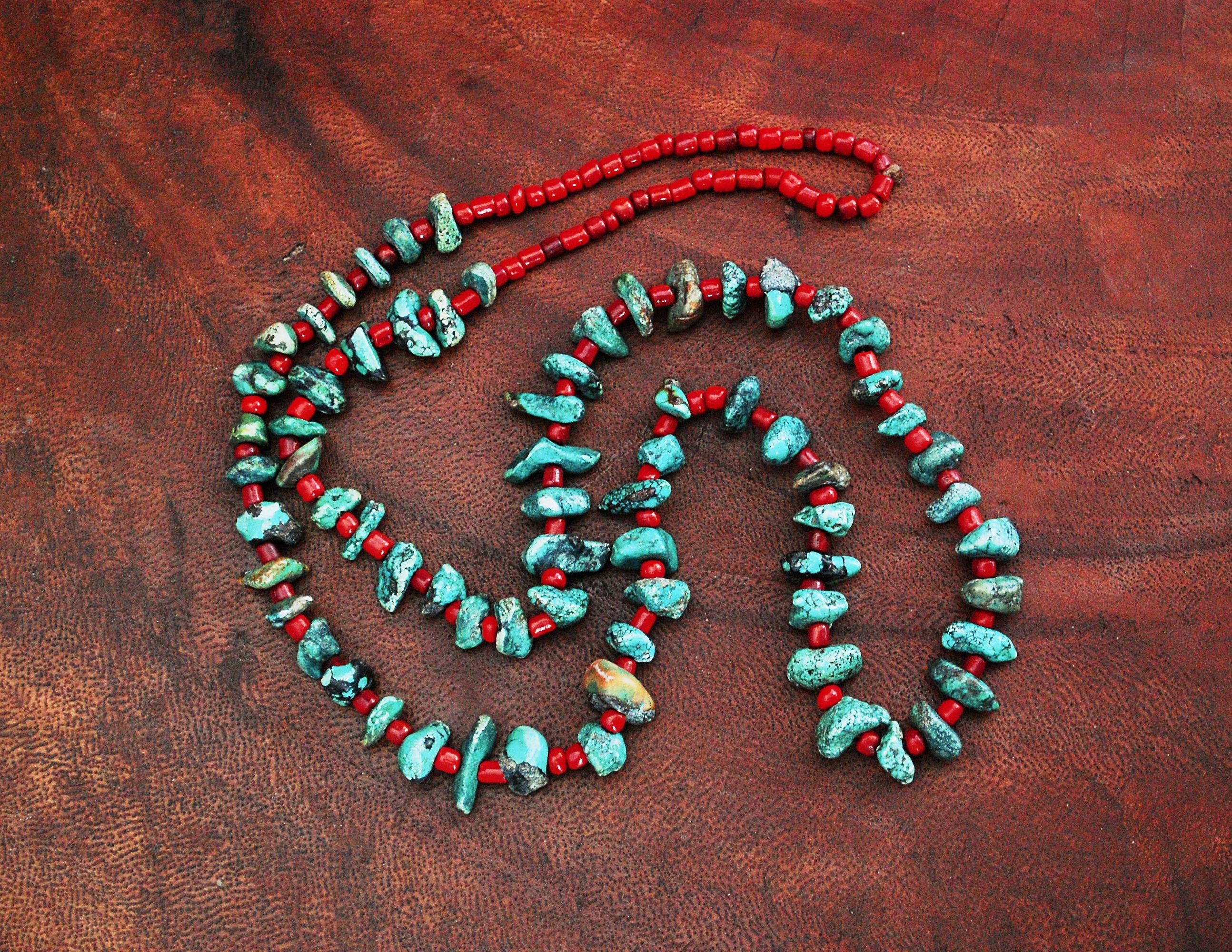 Native American Santo Domingo Turquoise Nugget Coral Necklace