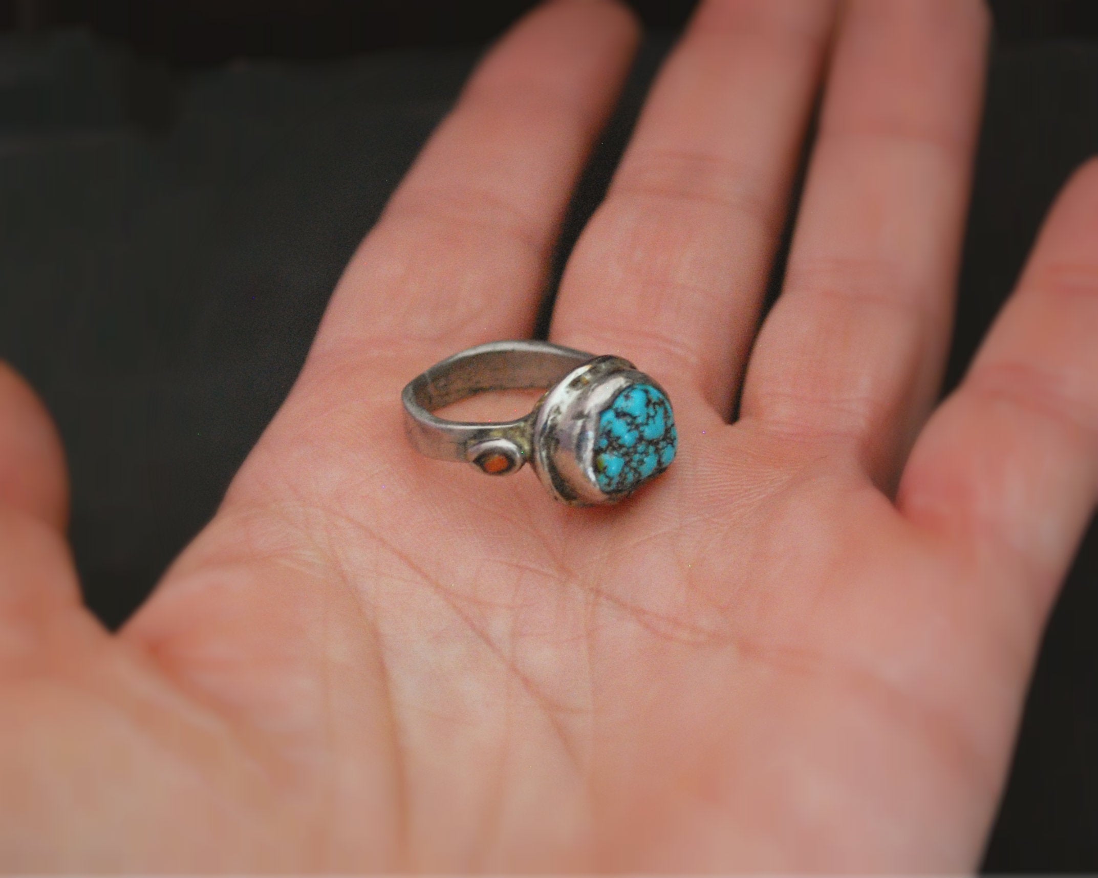 Antique Tibetan Turquoise Nugget and Coral Ring - Size 5