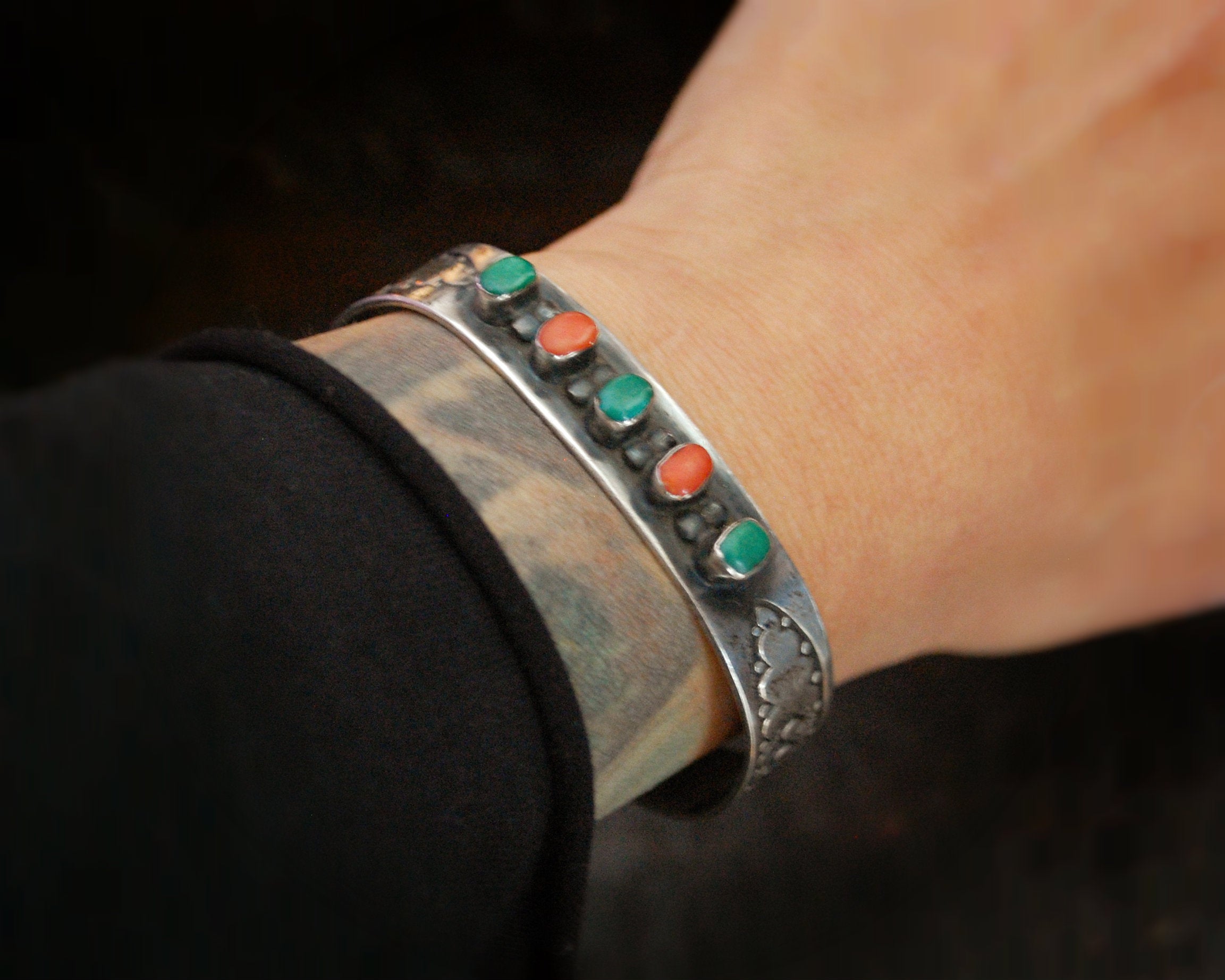 Stamped Navajo Coral Turquoise Cuff Bracelet by W. Long