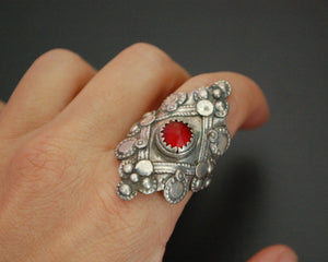 Afghani Tribal Silver Ring with Red Glass - Size 9