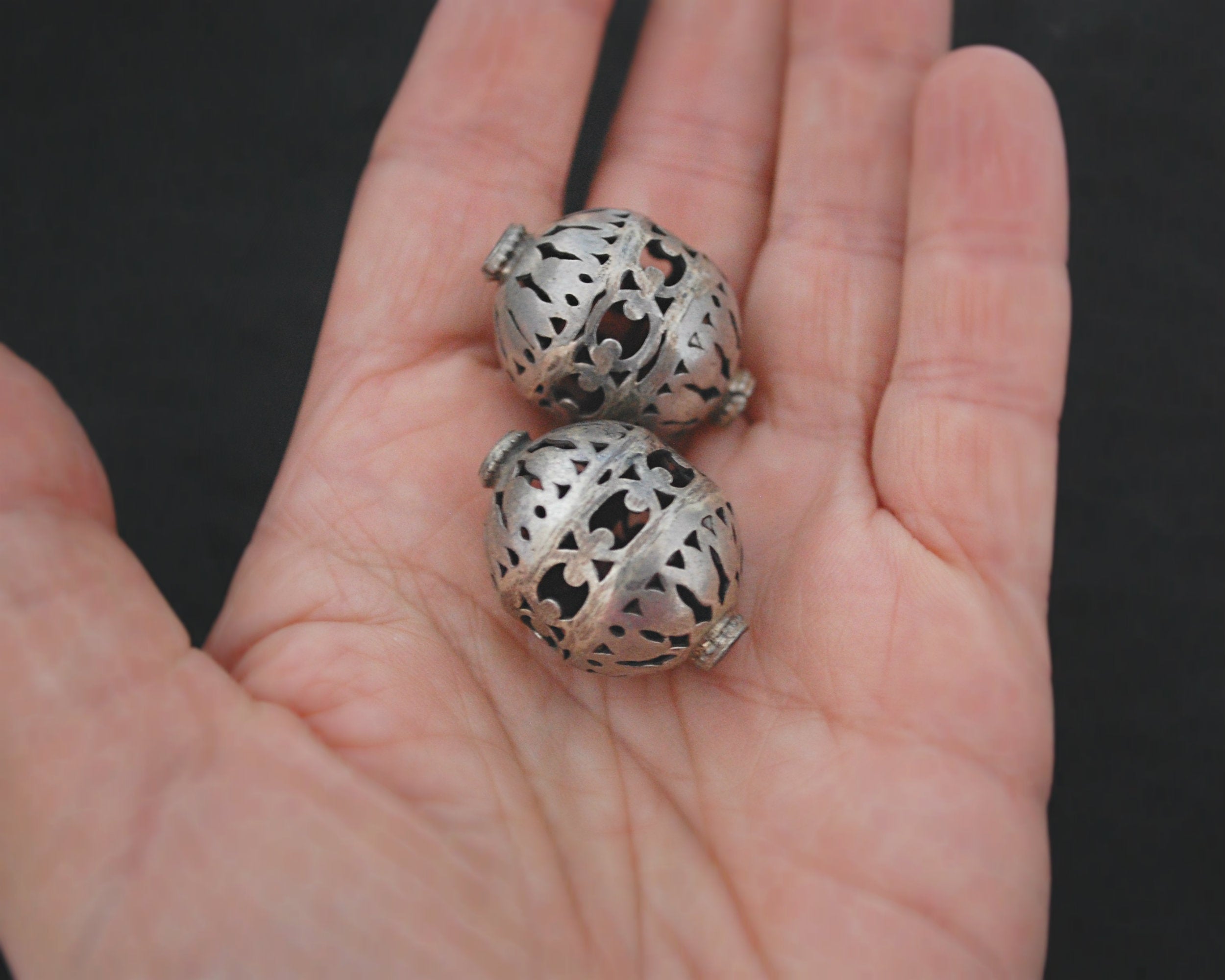 Pair of Yemeni Silver Openwork Beads