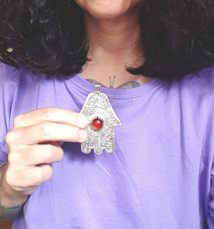 Large Hamsa Pendant with Red Glass