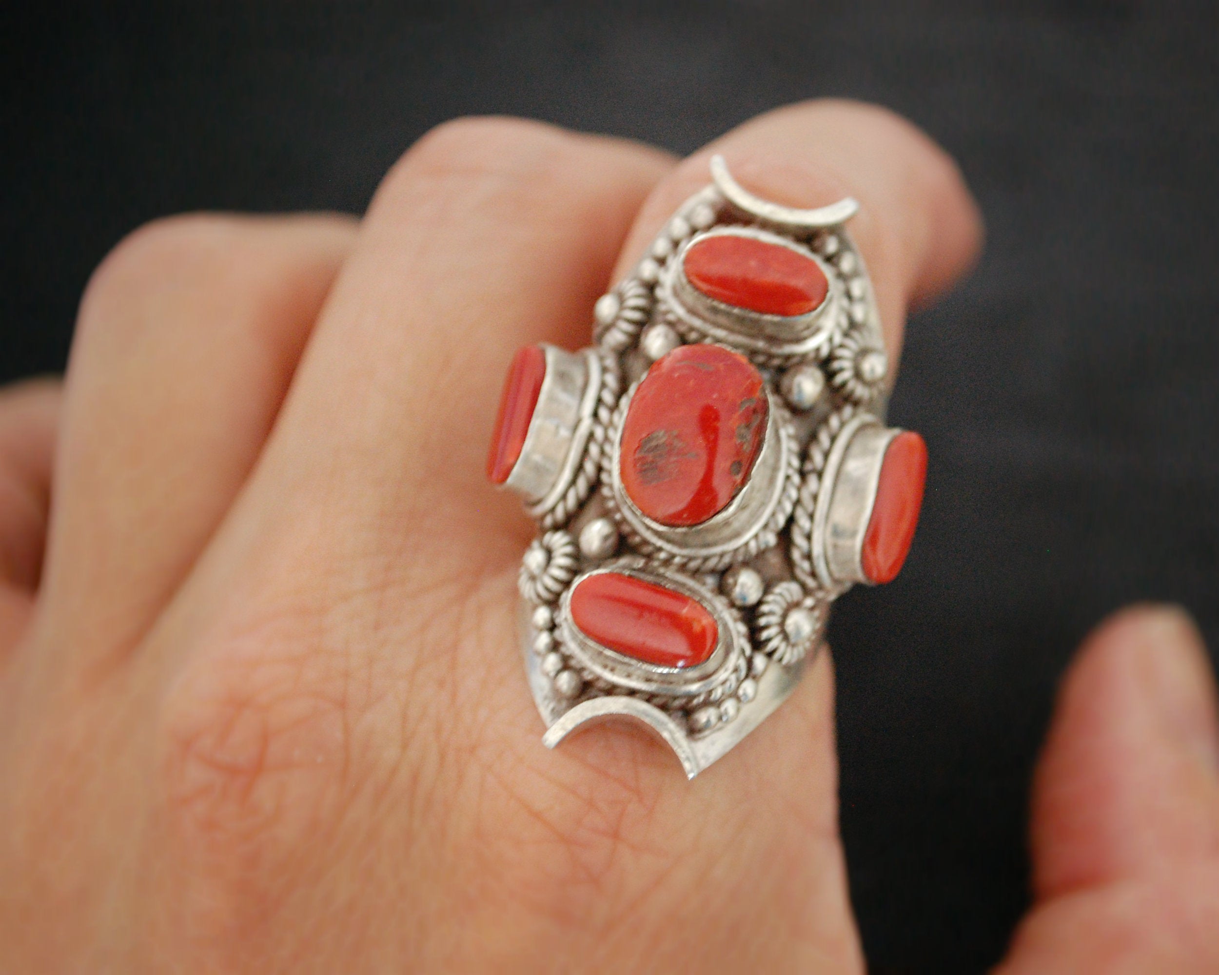 Large Nepali Coral Saddle Ring - Size 8.5