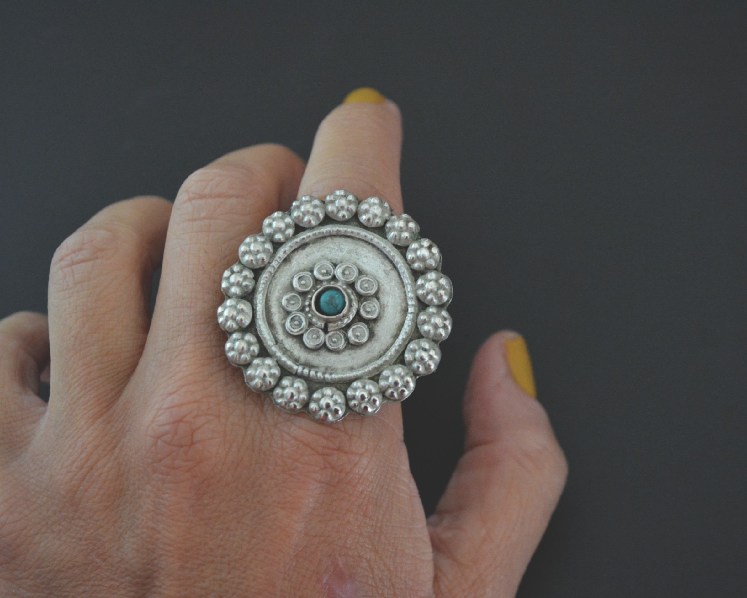 Ethnic Turquoise Disc Ring - Size 11.5