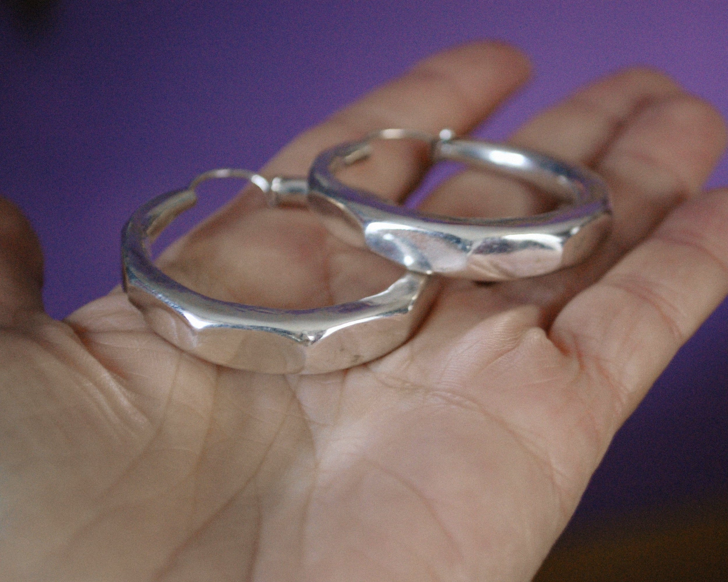 Faceted Ethnic Silver Hoop Earrings