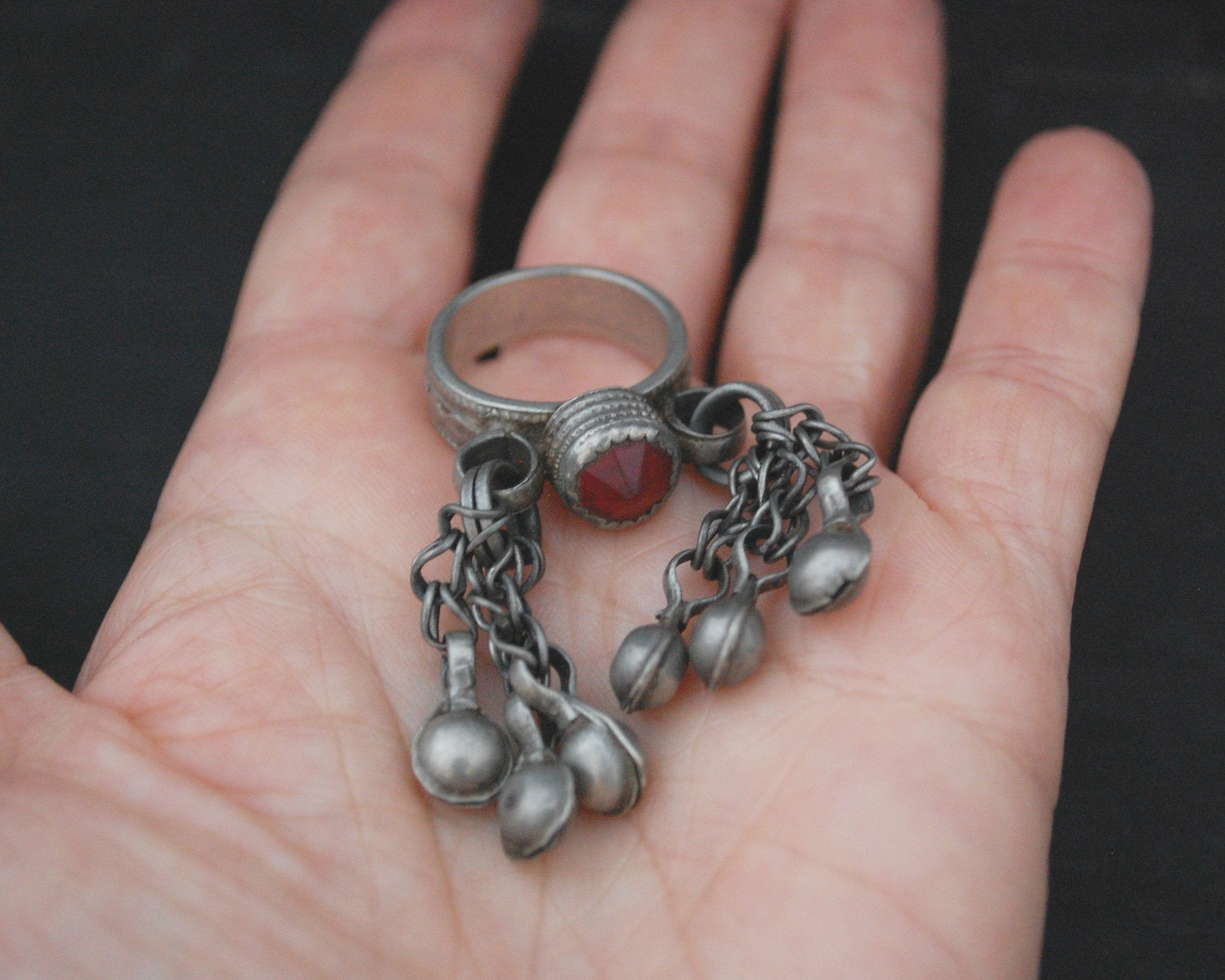 Old Afghani Glass Ring with Tassels - Size 7