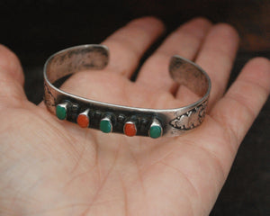 Stamped Navajo Coral Turquoise Cuff Bracelet by W. Long