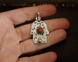 Antique Tunisian Hamsa Pendant with Coral