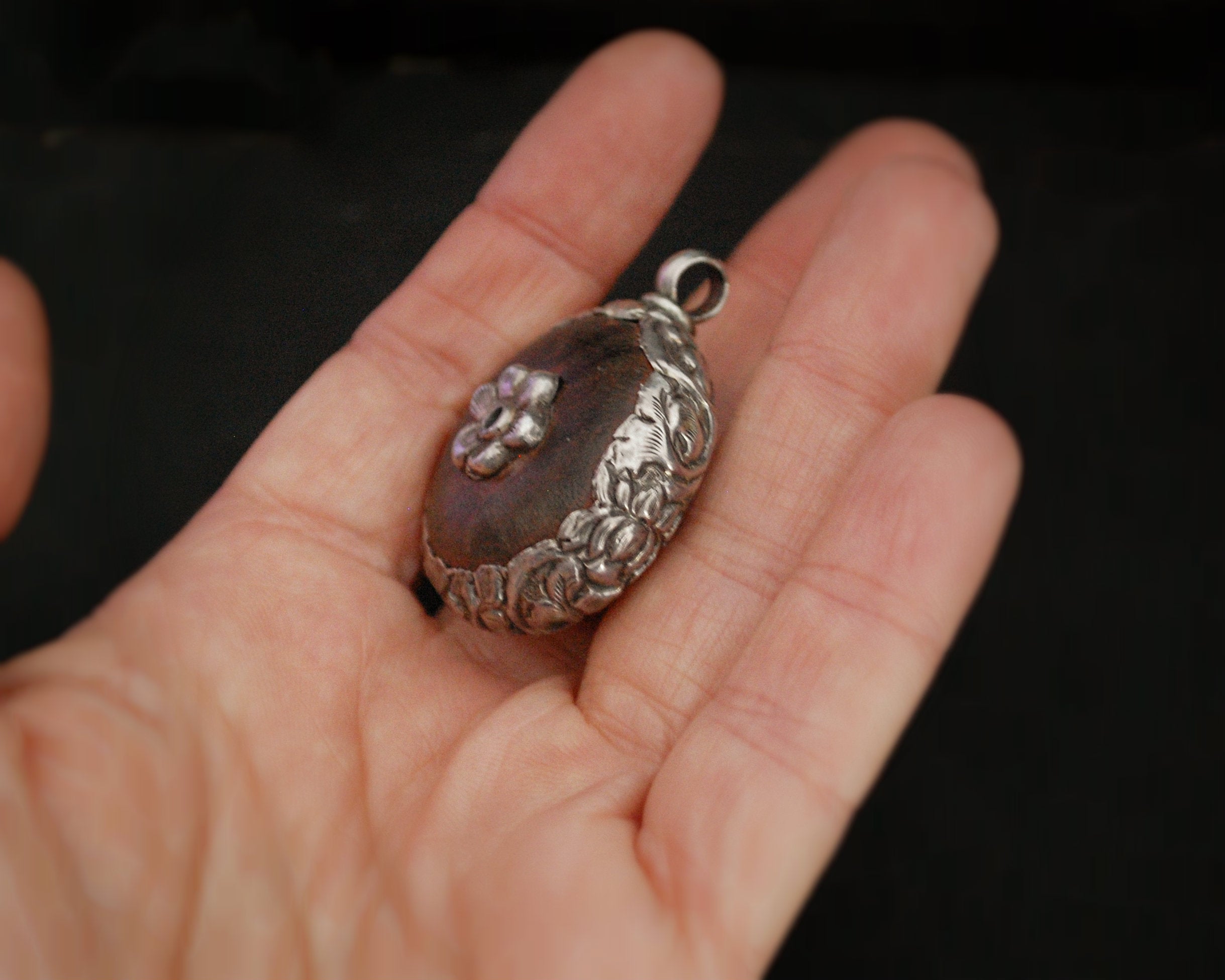 Nepali Wood Silver Repoussee Amulet Pendant