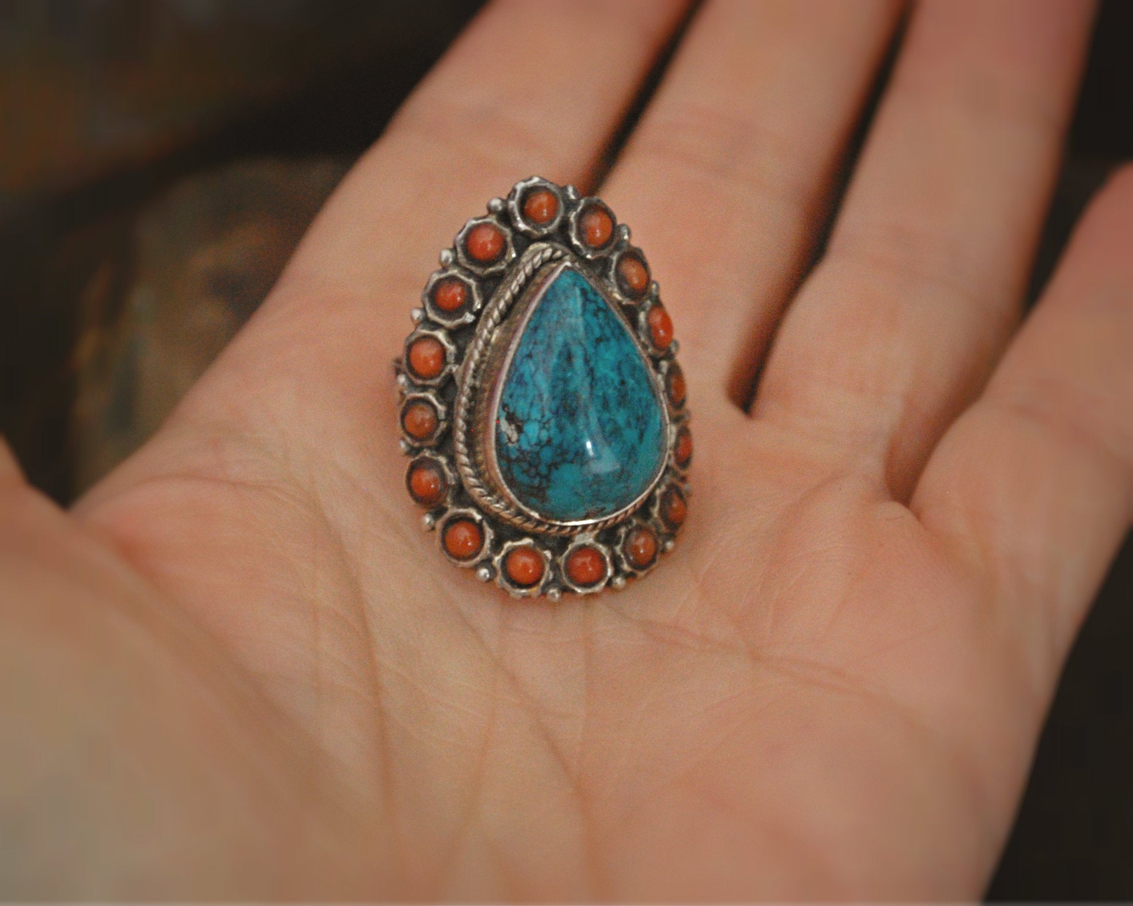 Ethnic Turquoise and Coral Ring from India