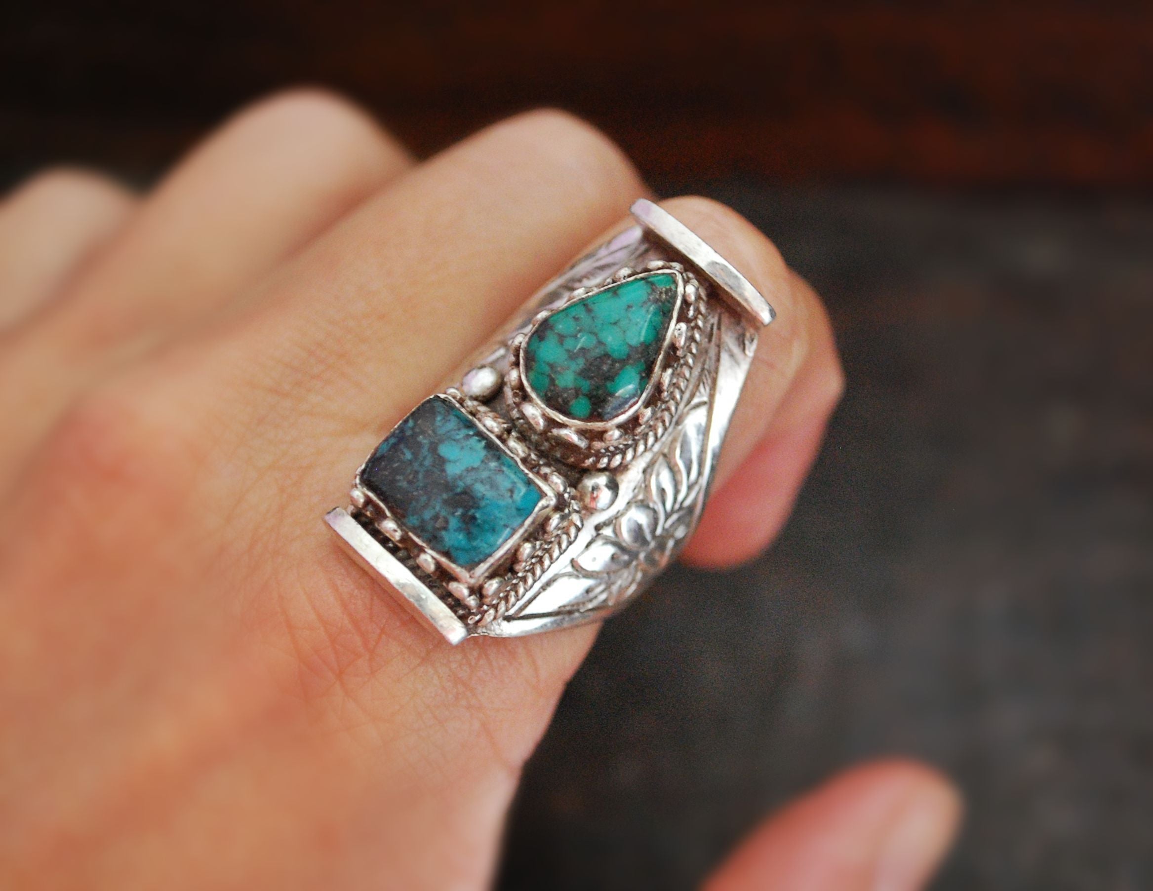 Nepalese Turquoise Lotus Saddle Ring - Size 9.5