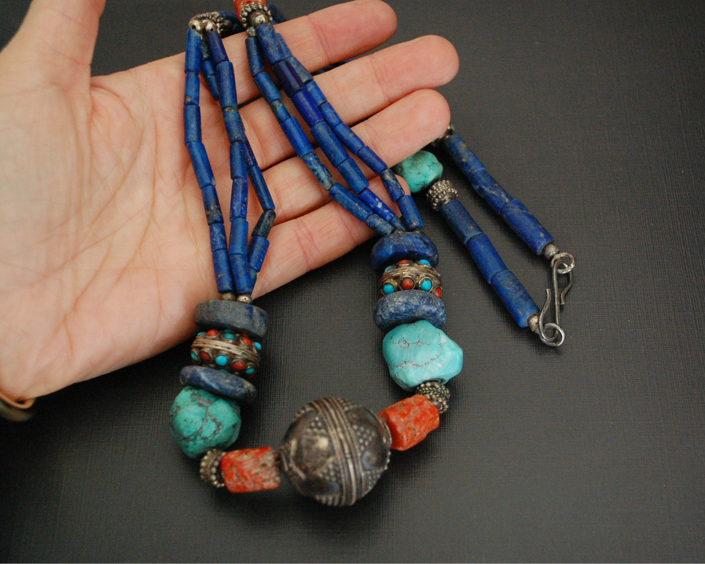 Long Coral, Lapis Lazuli and Turquoise Necklace from India