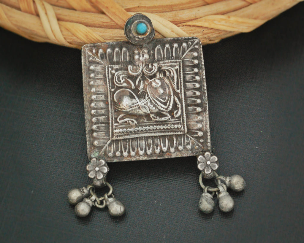 Rajasthani Silver Box Pendant with Turquoise and Bells