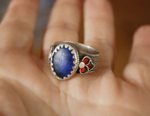 Antique Afghani Ring with Blue and Red Glass - Size 8