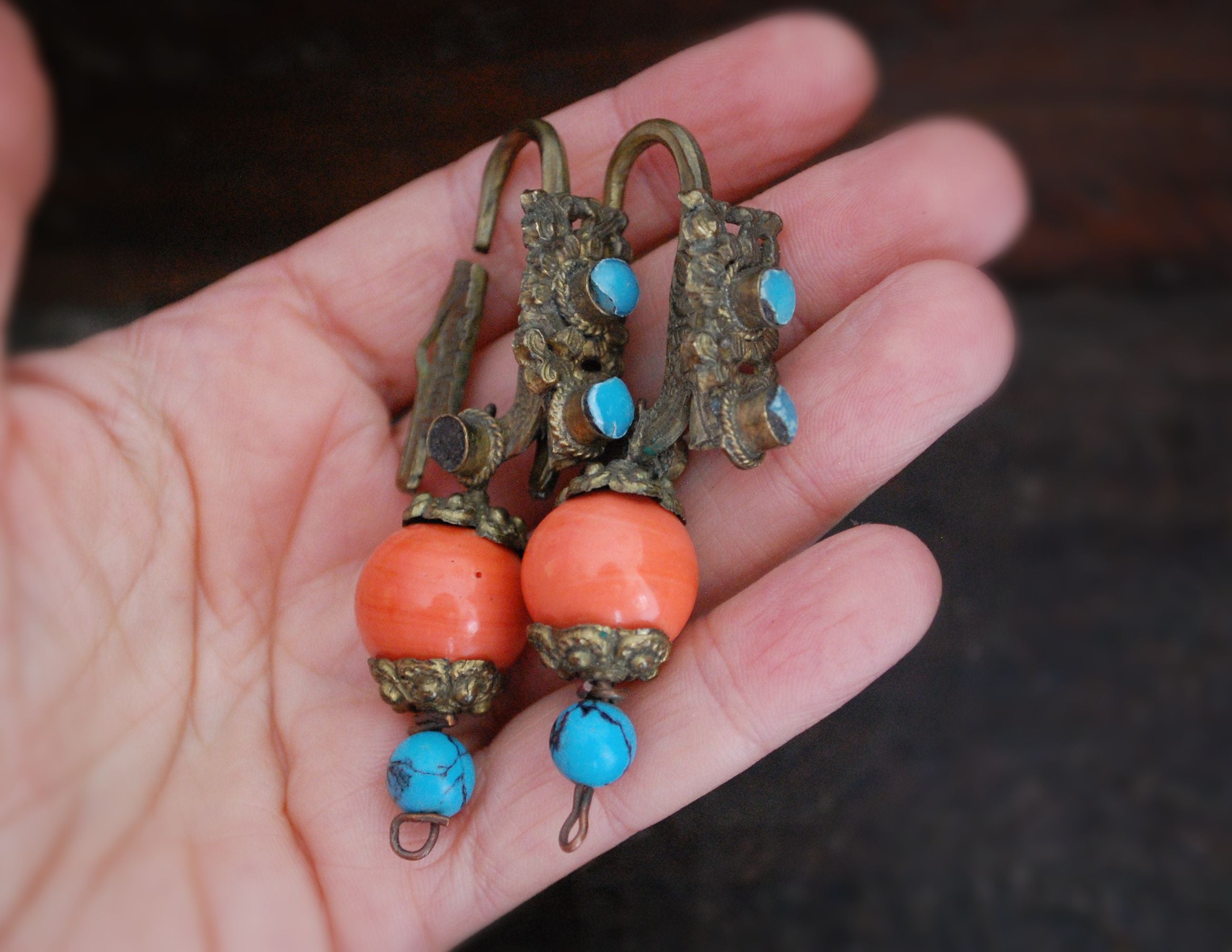 Tibetan Gilded Earrings with Faux Coral – Cosmic Norbu