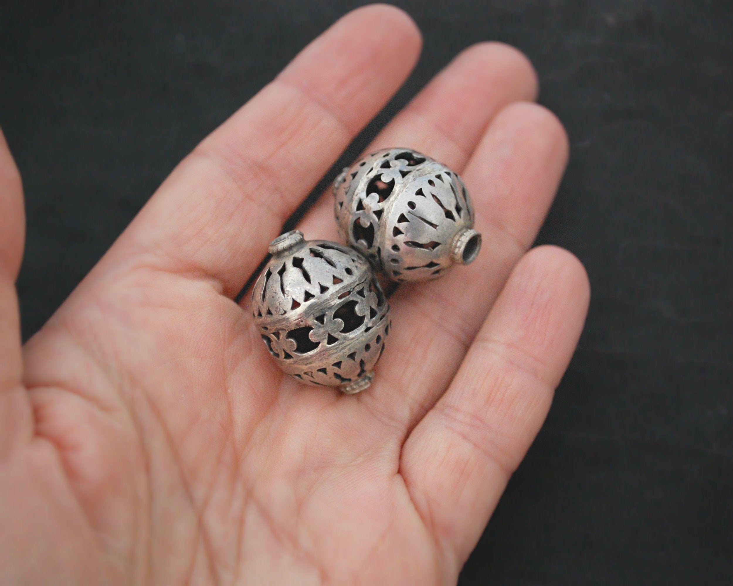 Pair of Yemeni Silver Openwork Beads