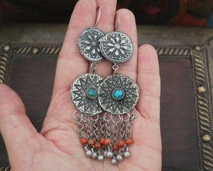 Long Uzbek Coral Turquoise Earrings