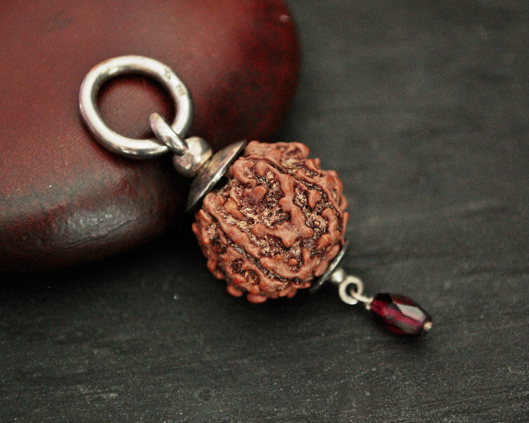 Rudraksha Pendant with Silver Cap and Ruby Charm