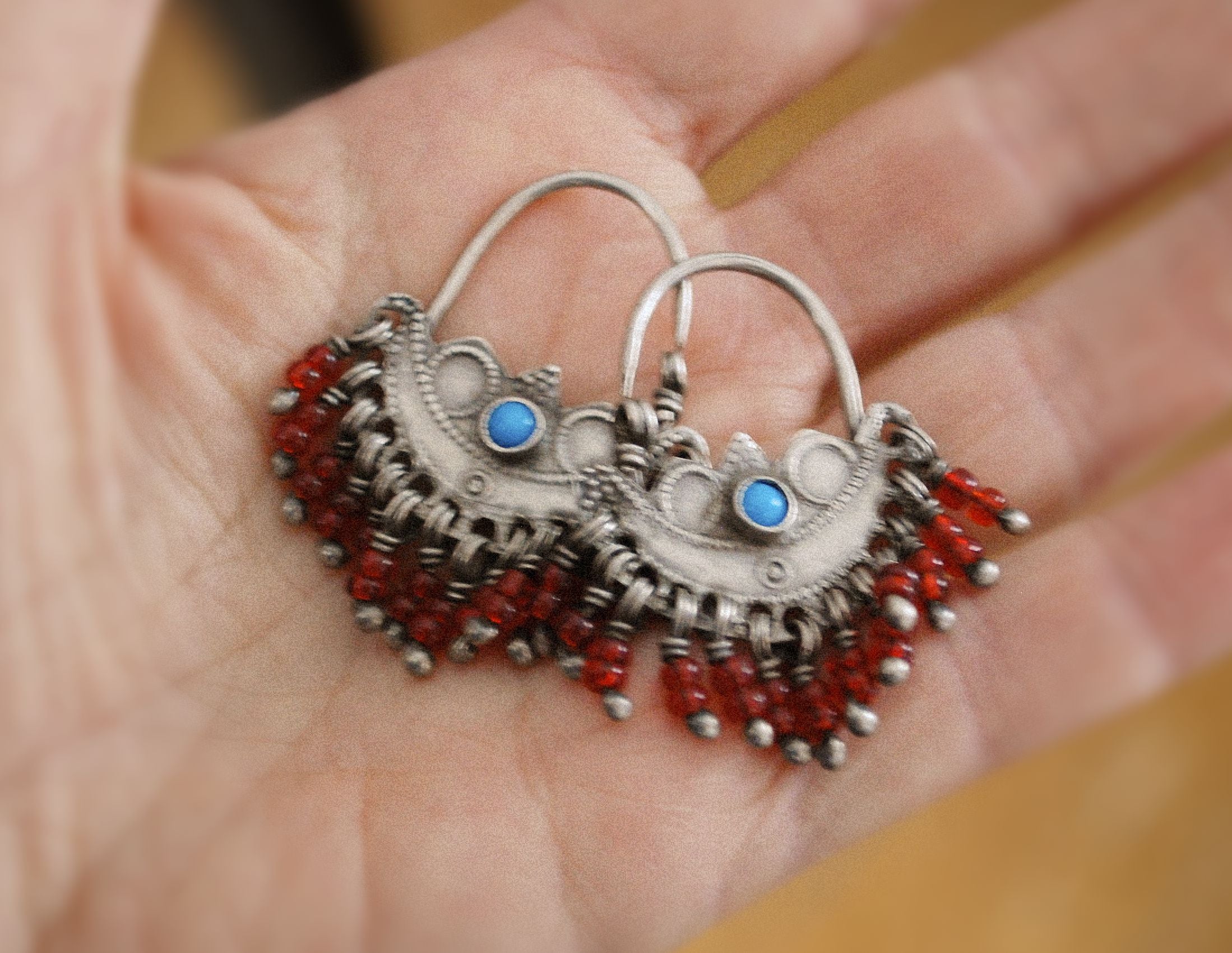 Antique Afghani Hoop Earrings with Turquoise and Glass