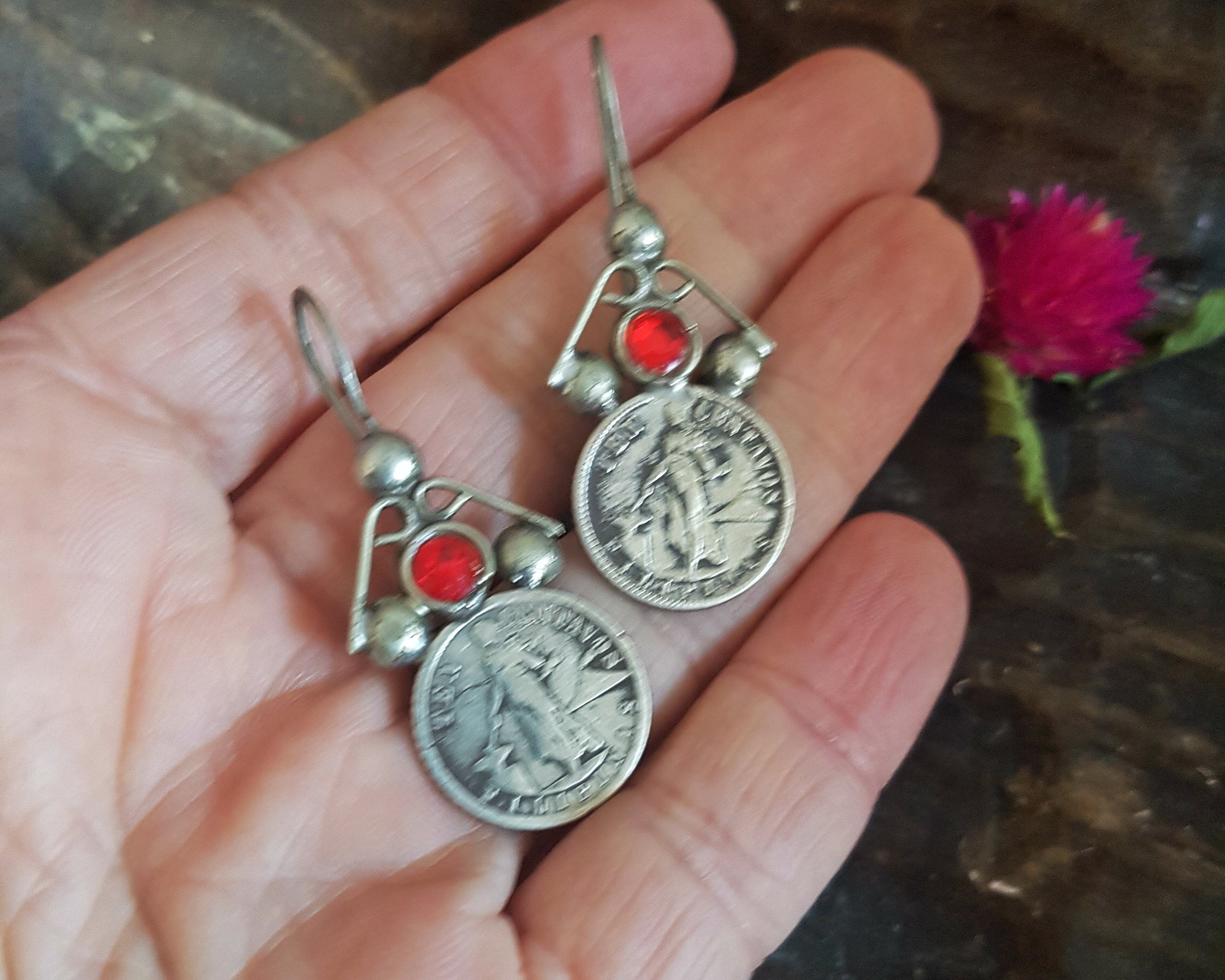 Old Berber Coin Earrings with Red Glass