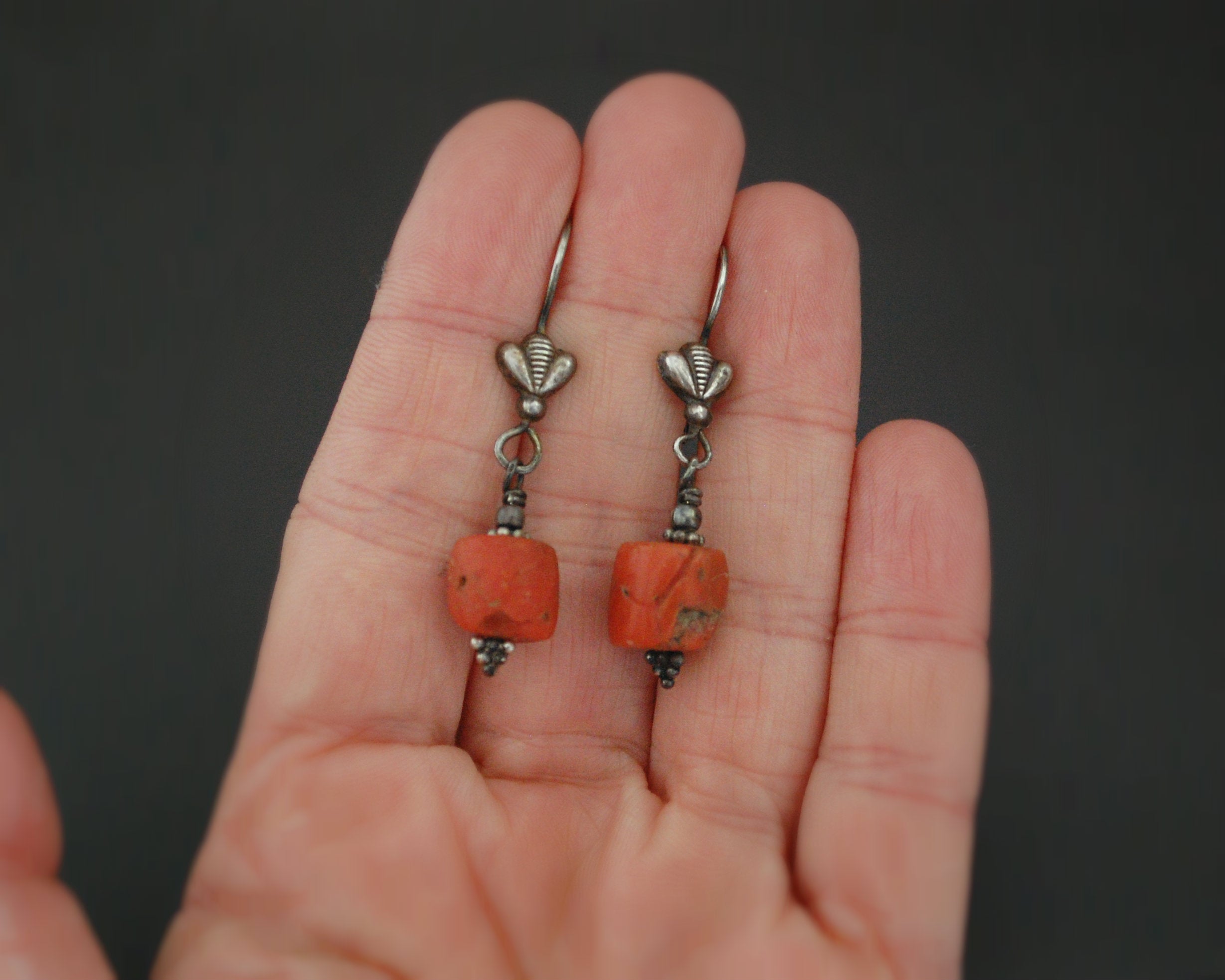 Old Tibetan Coral Silver Dangle Earrings