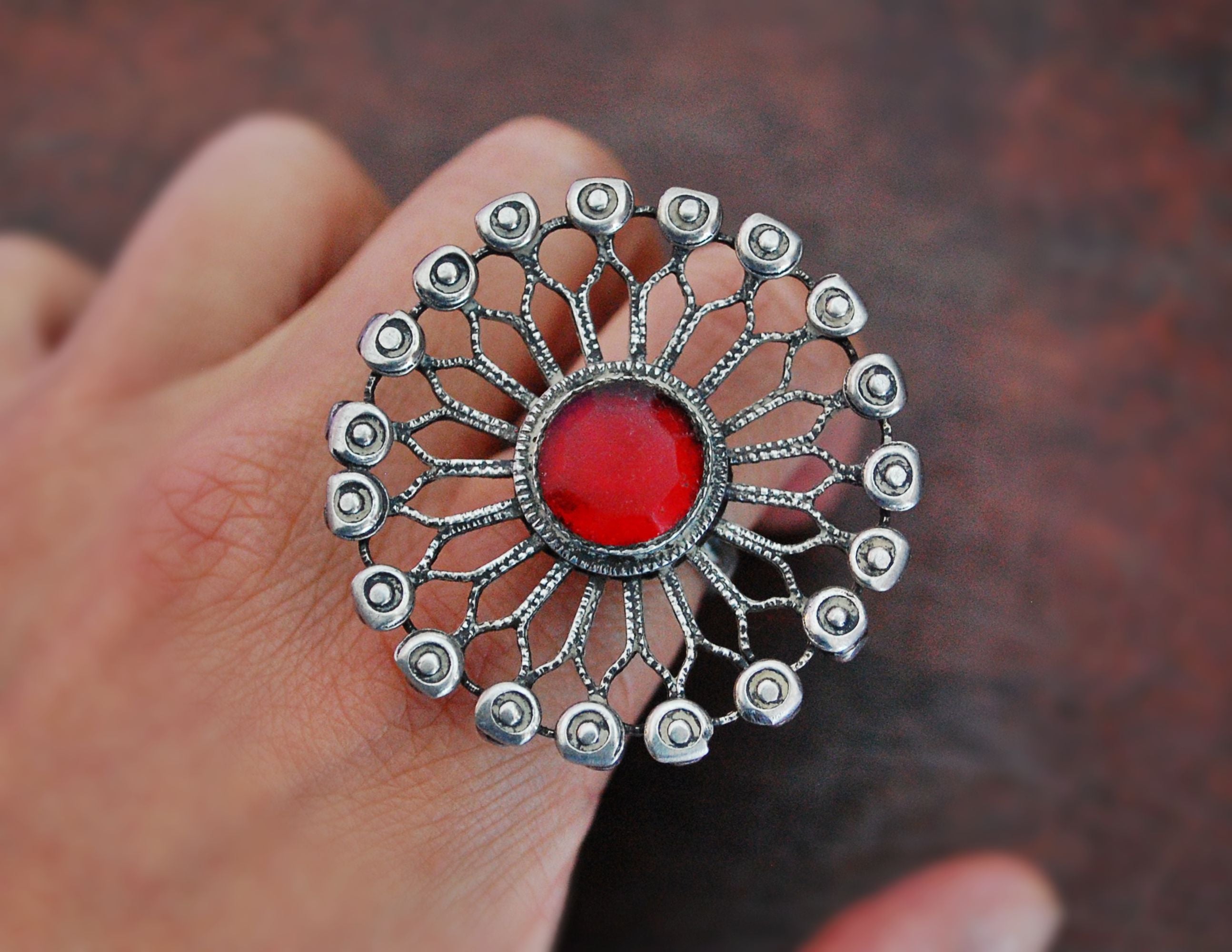 Huge Antique Afghani Silver Ring with Red Glass - Size 7.25