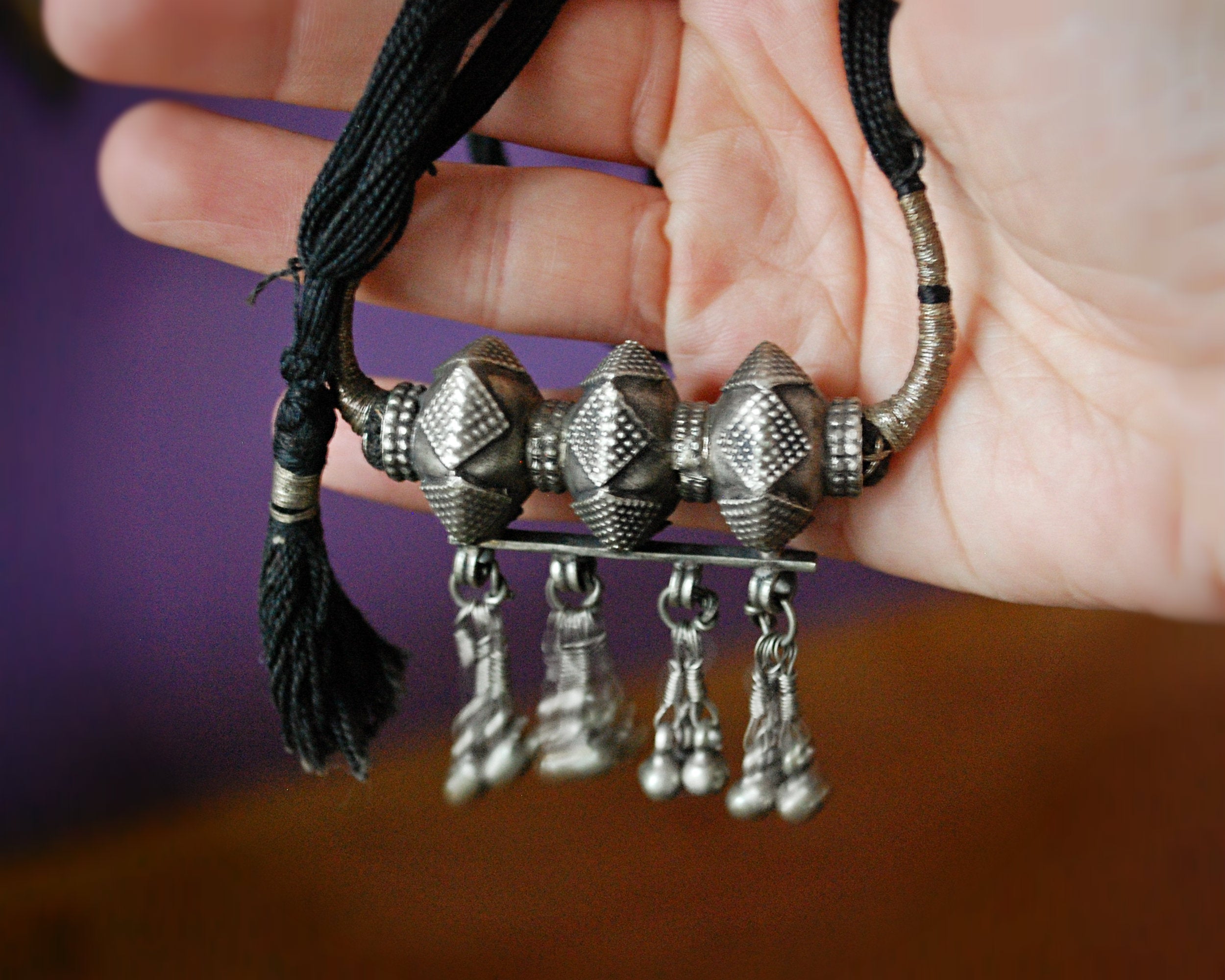 Tribal Gujarati Silver Necklace on Cotton Cord