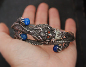 Fabulous Nepali Hinged Dragon Bracelet with Lapis Lazuli, Coral and Turquoise