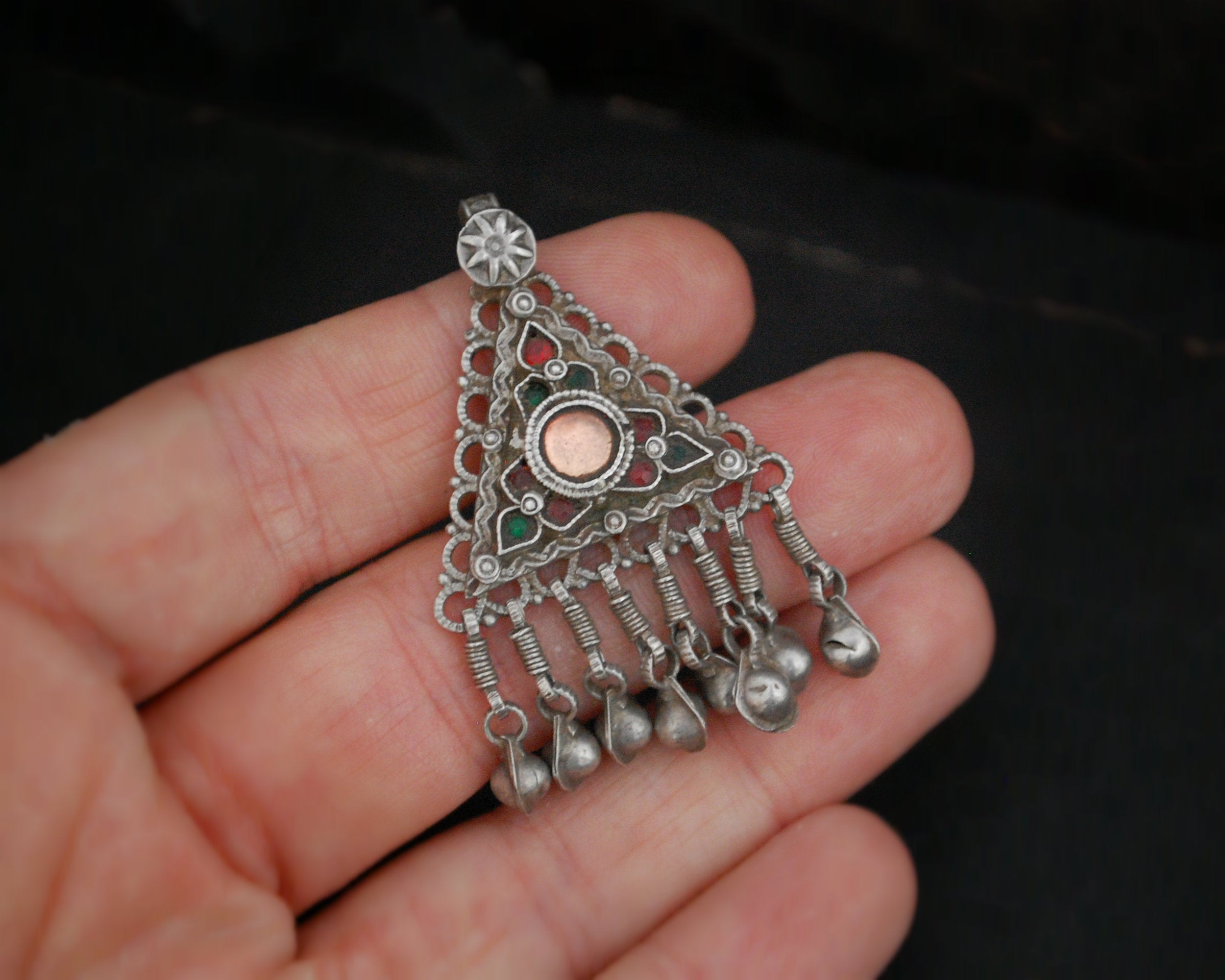 Antique Afghani Silver Pendant with Bell Tassels