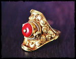 Tibetan 18Kt Gold Coral Saddle Ring - Size 8