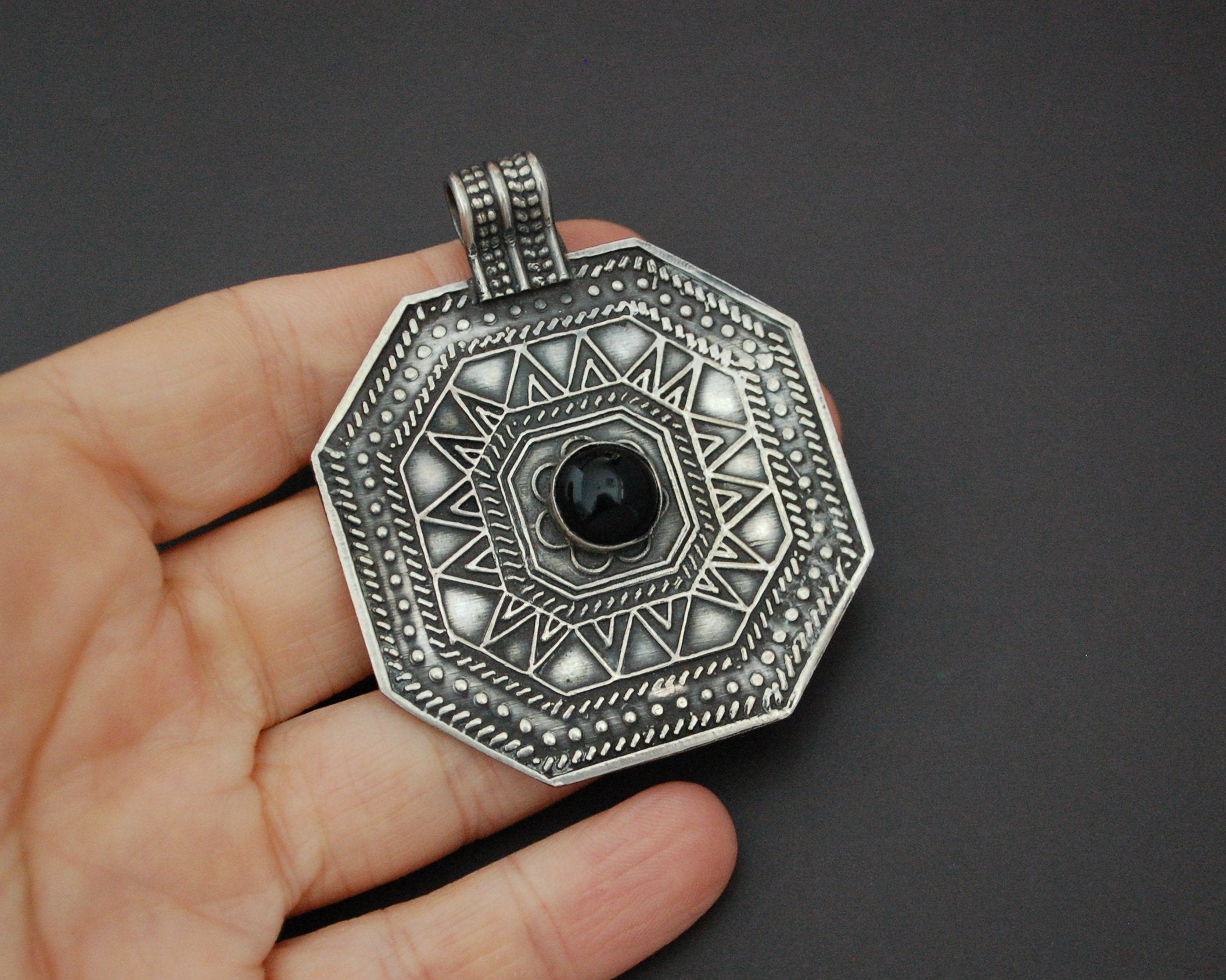 Large Silver and Onyx Amulet Pendant