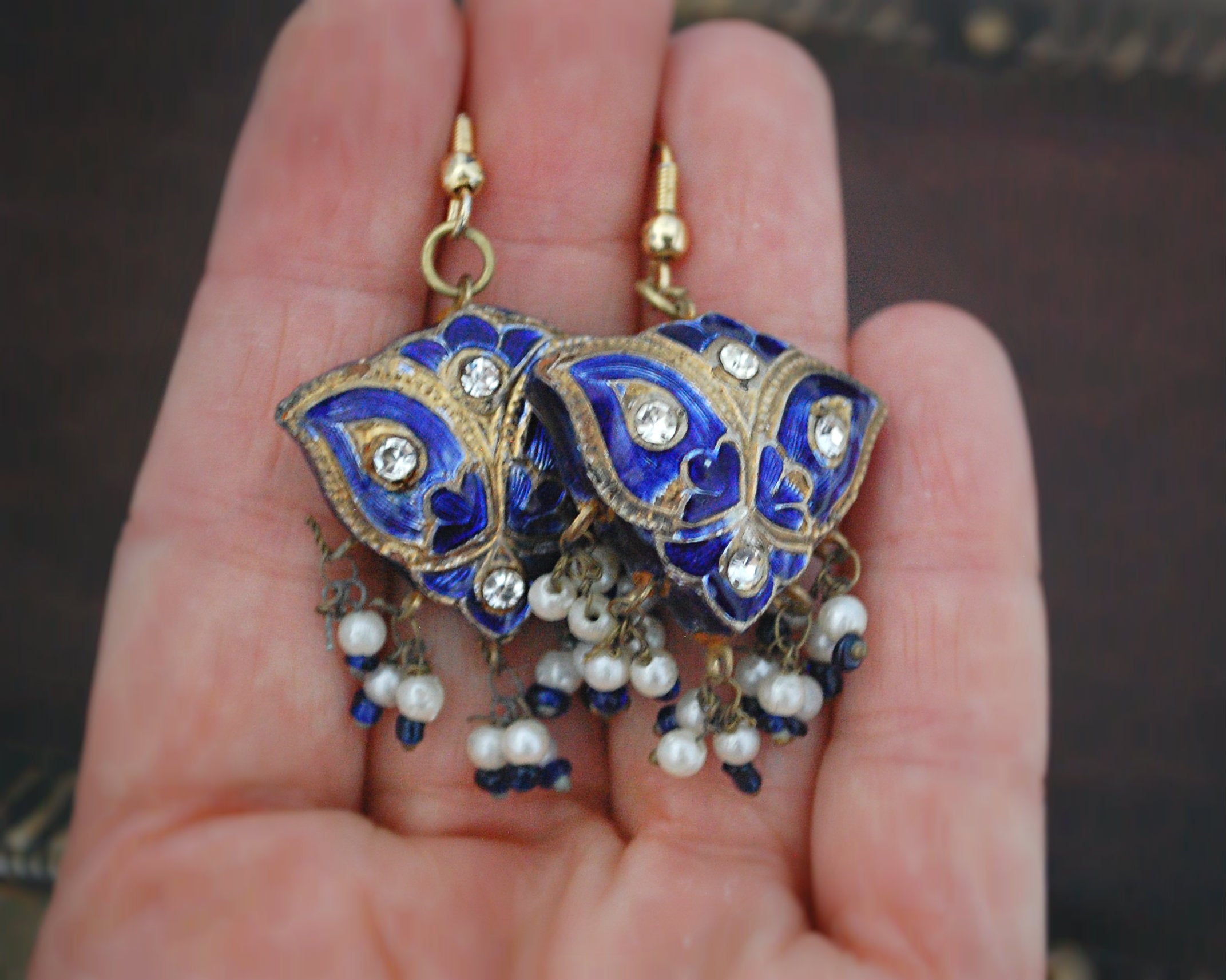 Indian Lacquer Earrings with Blue Enamel