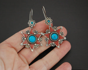 Turkmen Star Earrings with Enamel and Turquoise