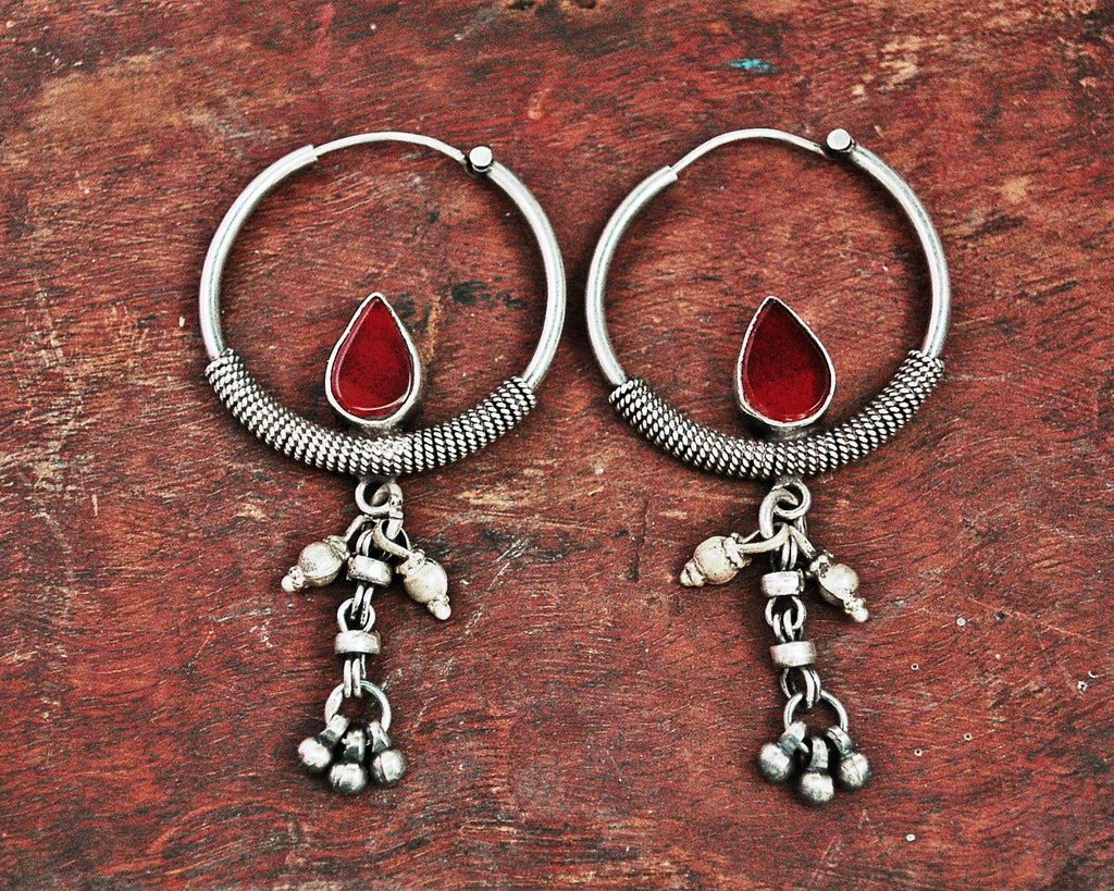 Ethnic Carnelian Hoop Earrings with Tassels