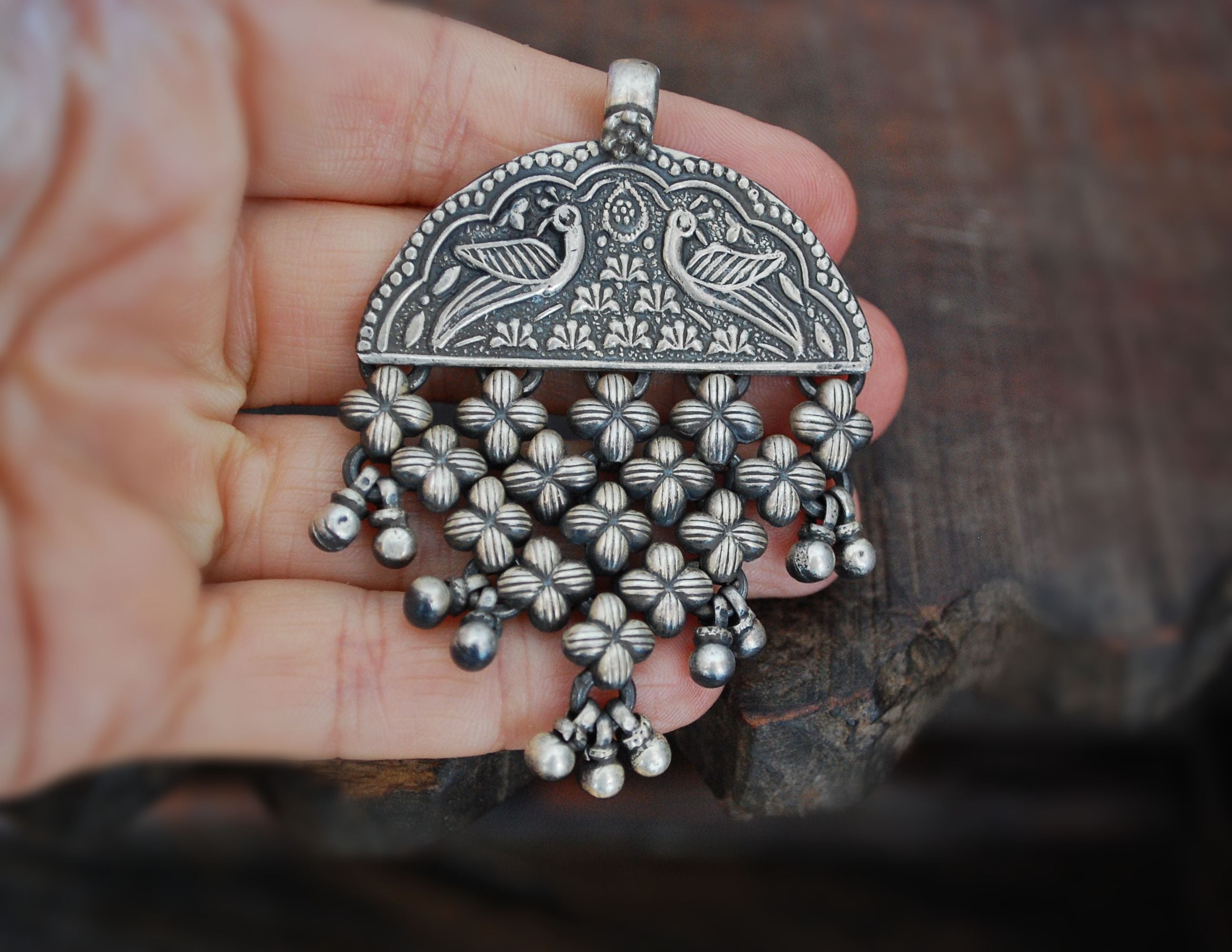 Rajasthani Silver Peacock Pendant with Bells