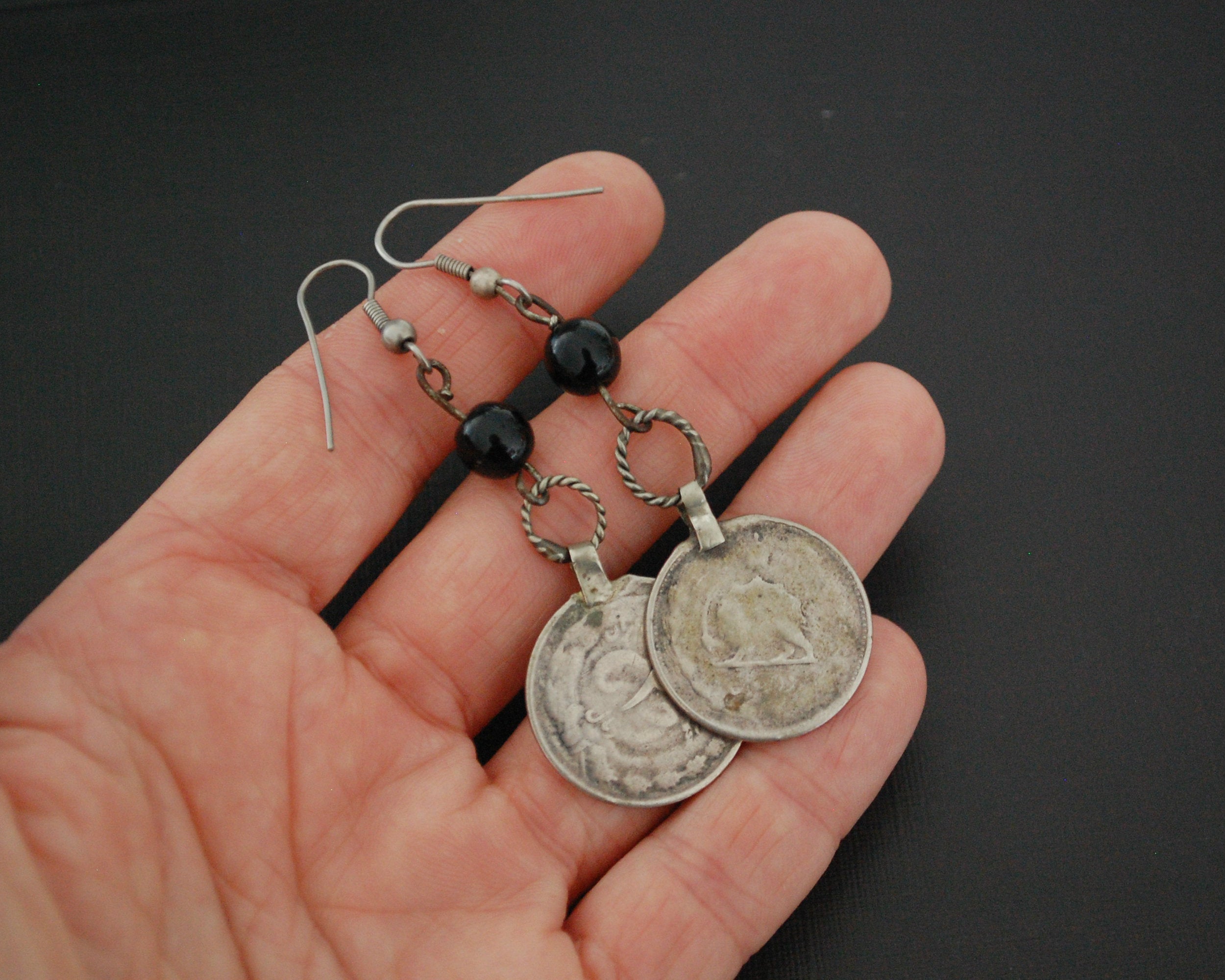 Kurdish Coin Earrings with Black Glass Bead