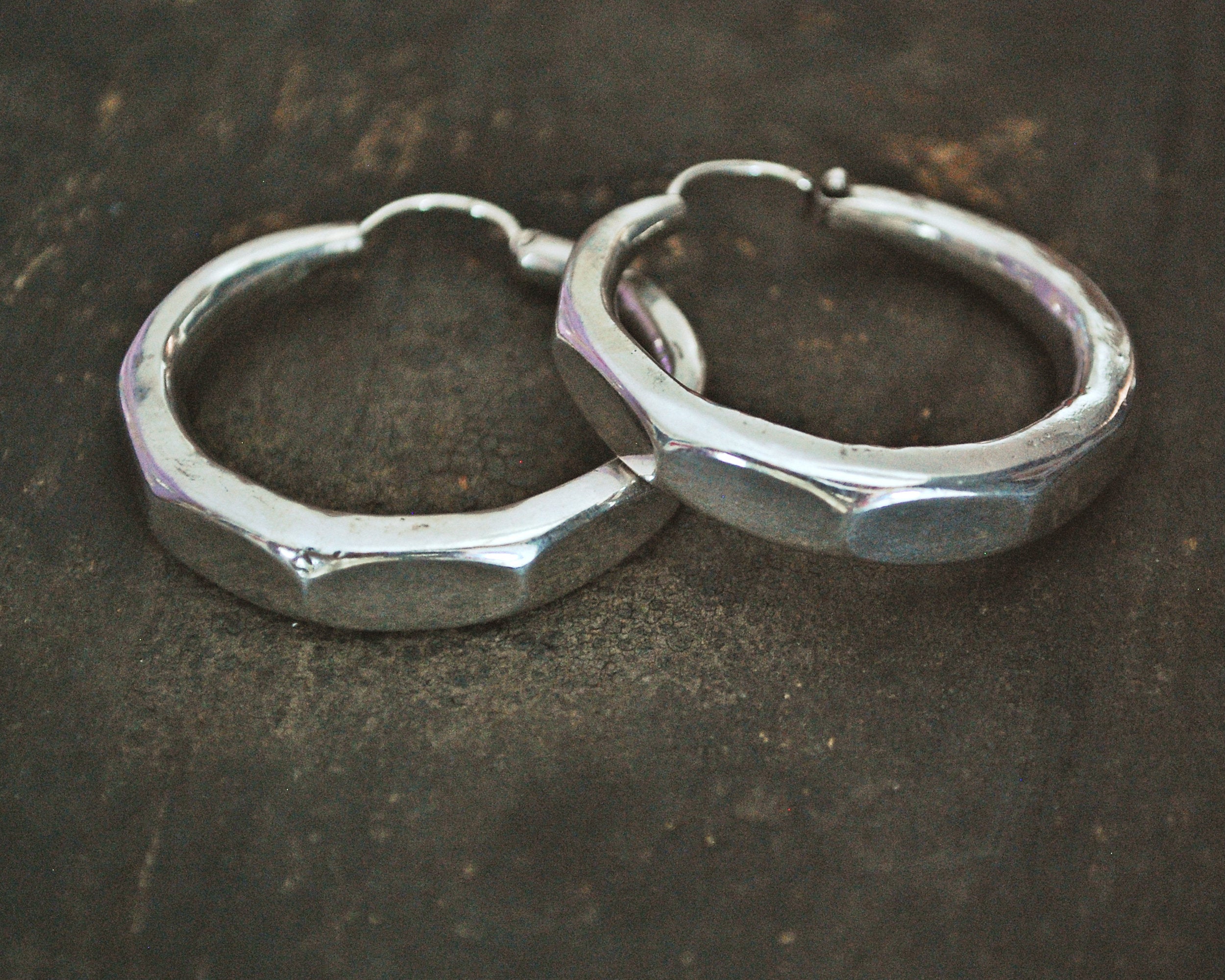 Faceted Ethnic Silver Hoop Earrings