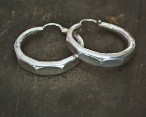 Faceted Ethnic Silver Hoop Earrings