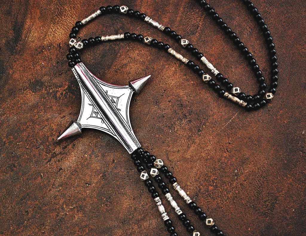 Tuareg "Egourou" Cross Necklace with Glass and Silver Beads