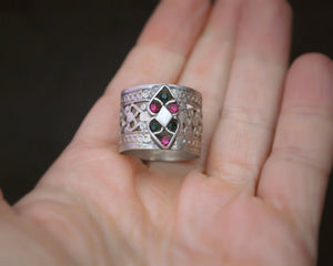 Antique Afghani Openwork Band Ring with Glass Stones - Size 8