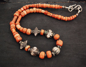 Old Coral Silver Beads Necklace from India