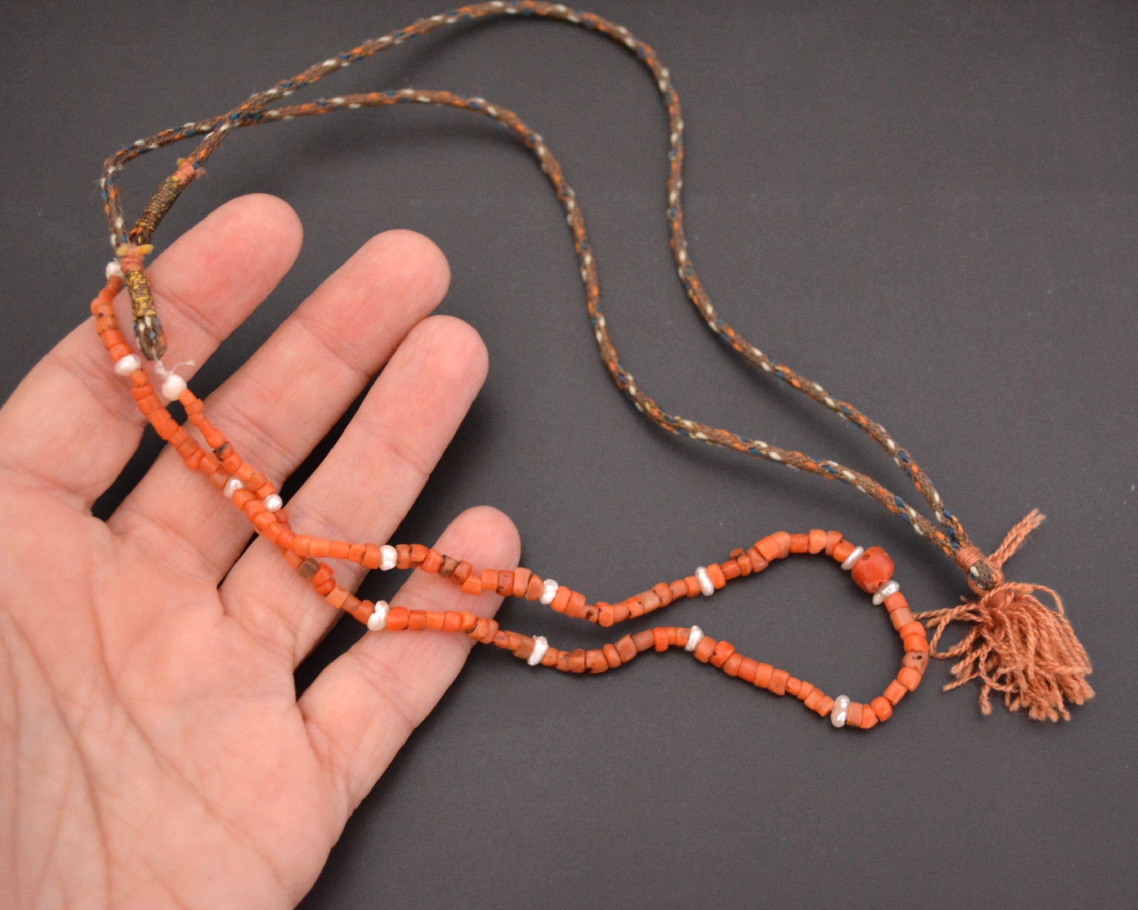 Ethnic Coral Pearl Beads Necklace from India - On Cotton Cord