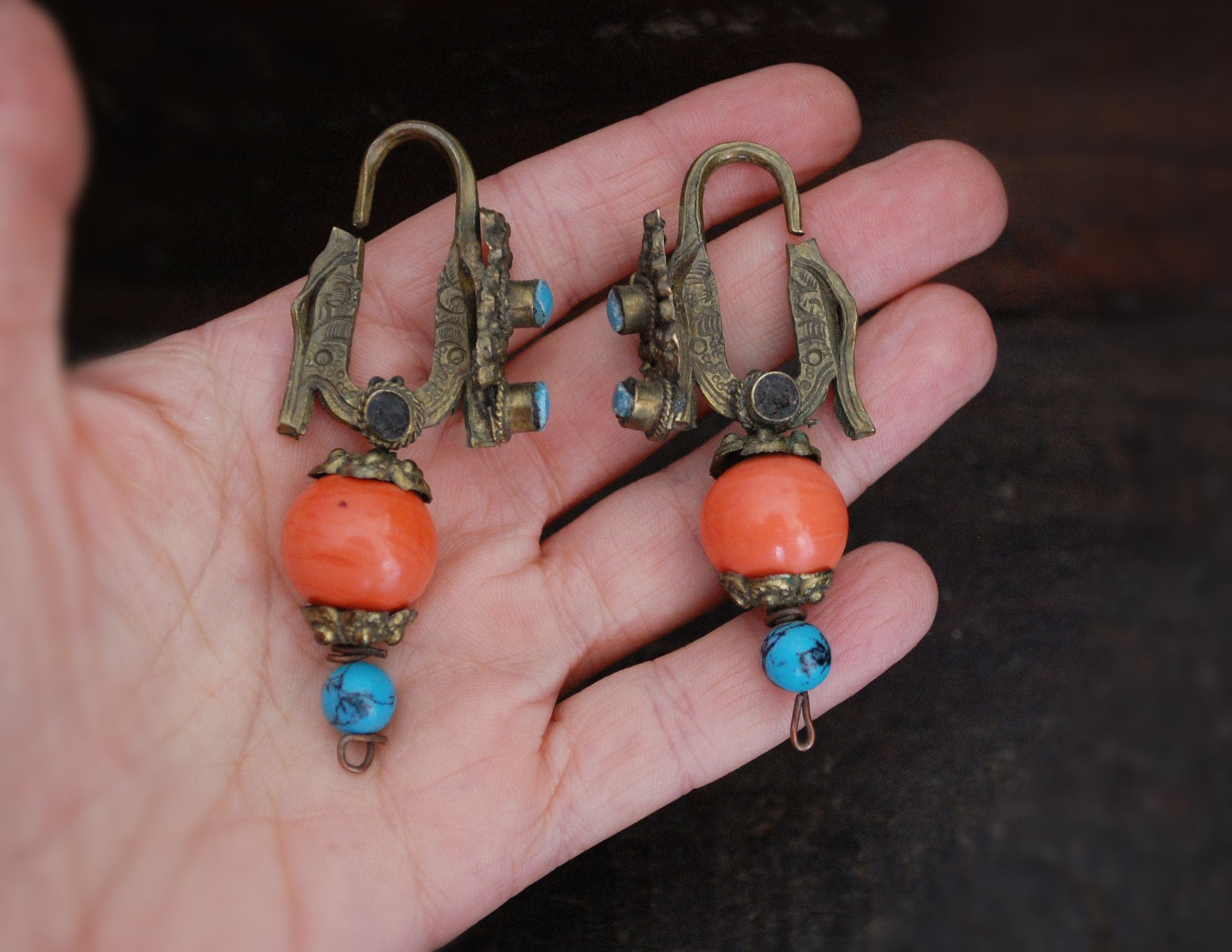 Antique Tibetan Earrings with Coral and Turquoise