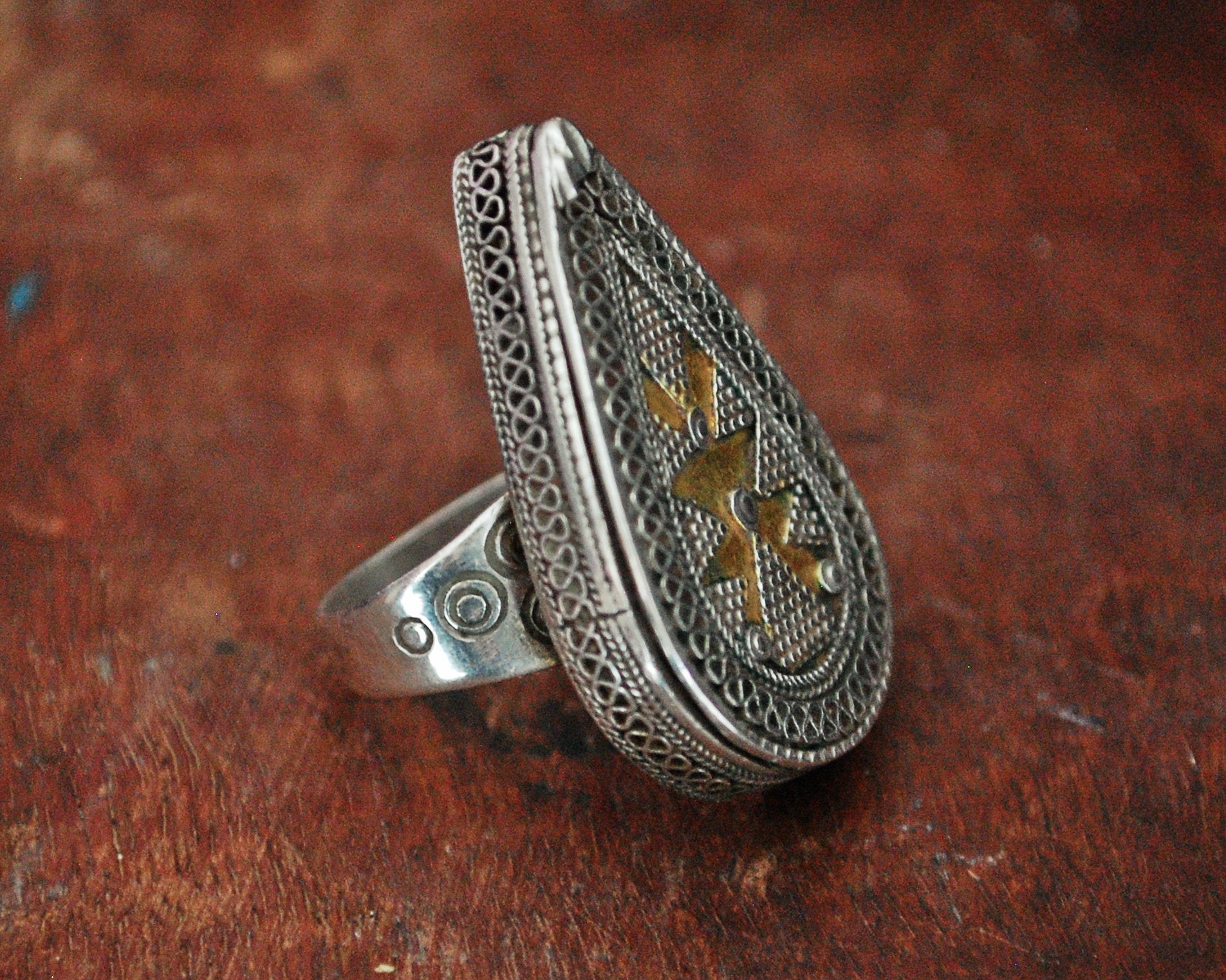 Openable Box Kazakh Tribal Silver Ring with Gold Gilding