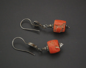 Old Tibetan Coral Silver Dangle Earrings