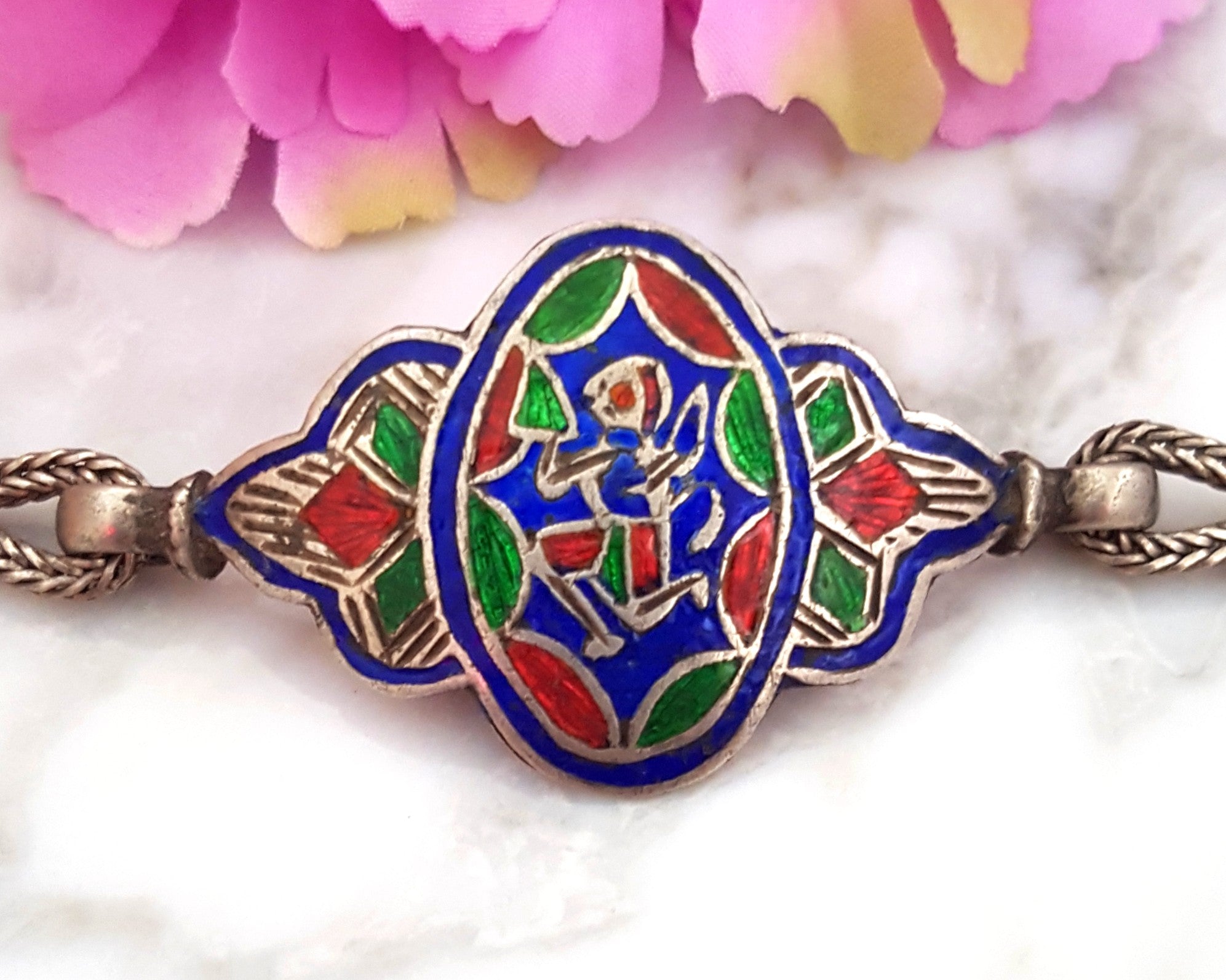 Rajasthani Enamel Hanuman Silver Snake Chain Bracelet