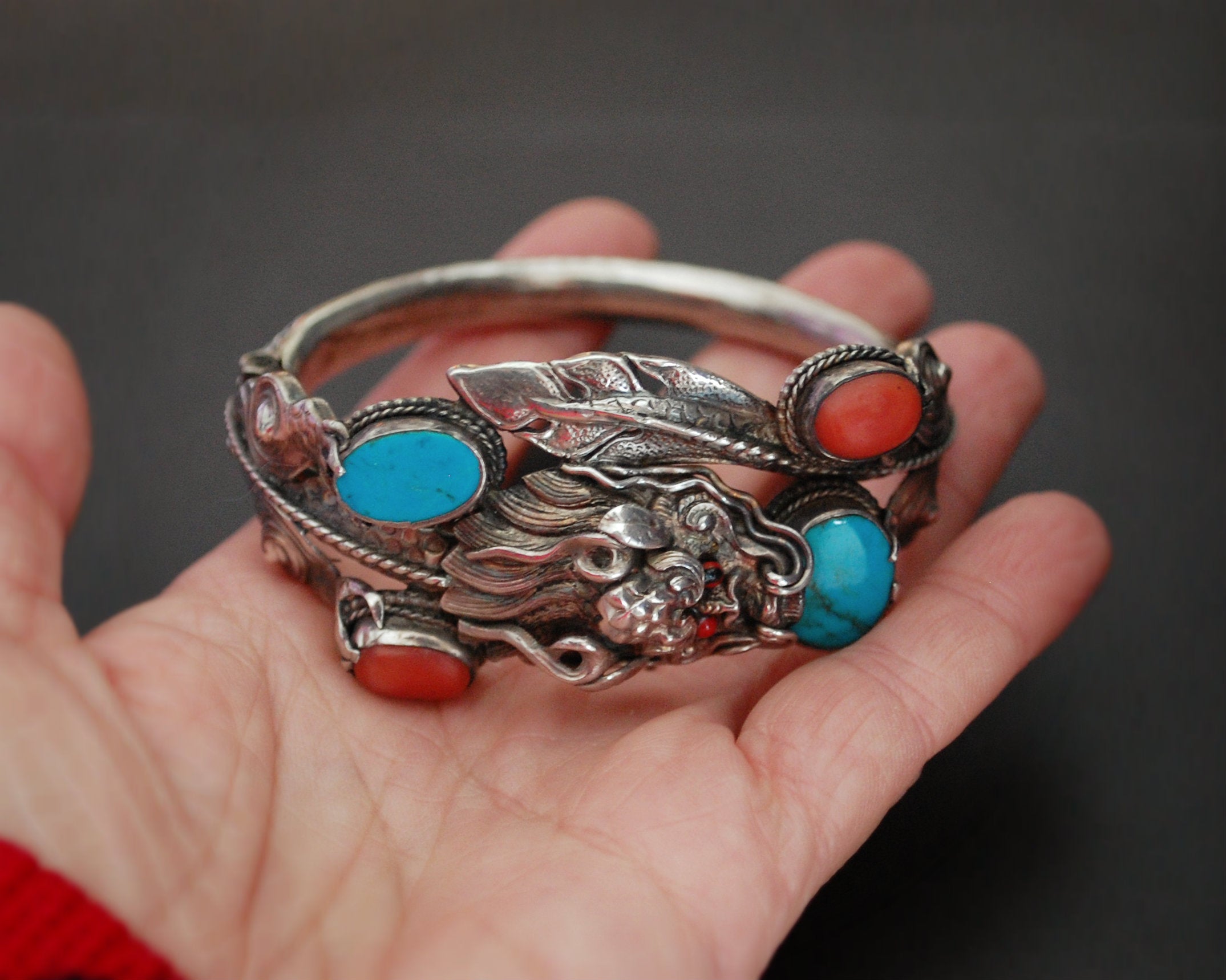 Fabulous Nepali Dragon Bracelet with Coral and Turquoises