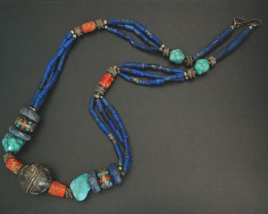 Long Coral, Lapis Lazuli and Turquoise Necklace from India